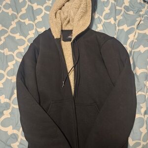 Cozy Black Zip-Up Sweater with Cream Hood